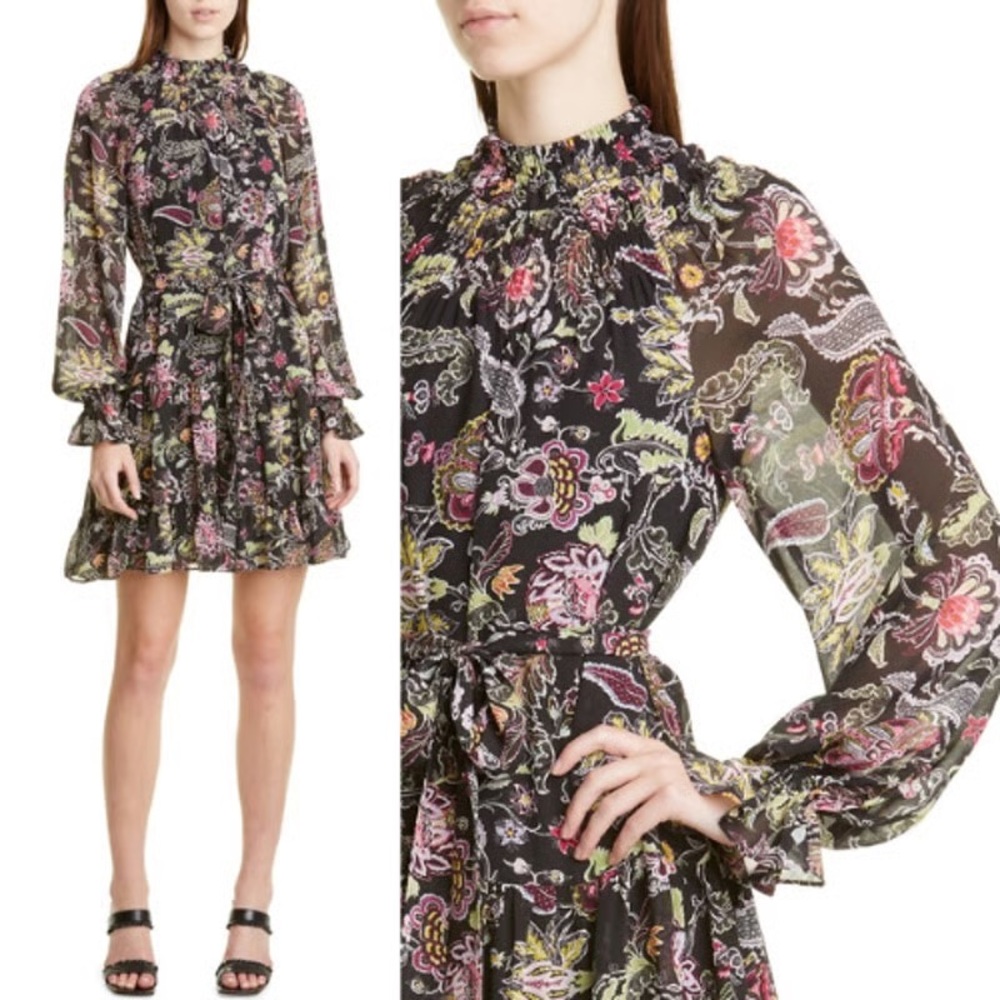 CINQ A SEPT | Black Floral Ruffle Smocked Dress, Size 4, - Picture 2 of 15